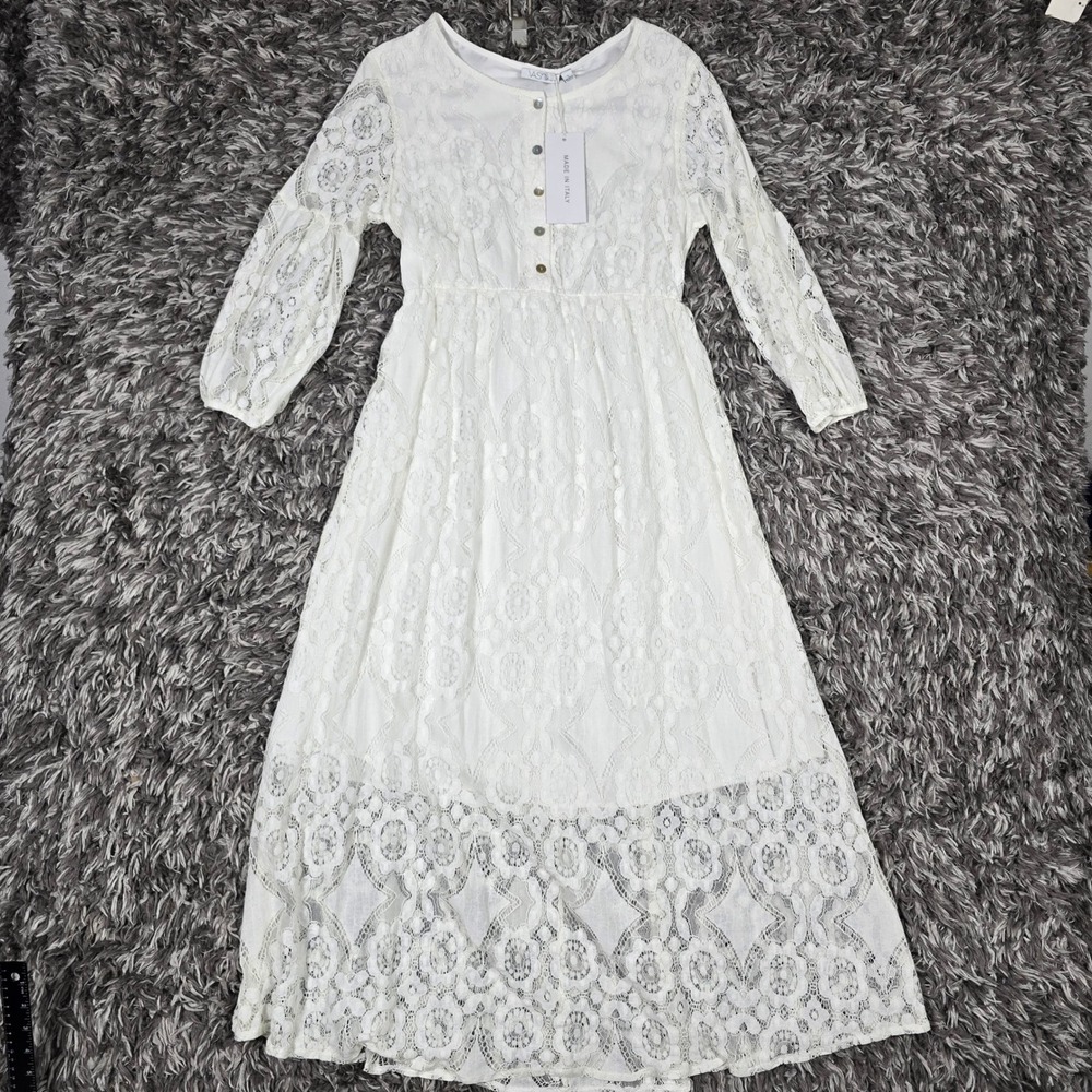 Vasna White Floral Lace Boho Maxi Dress Made in Italy Size S NWT 201737-54